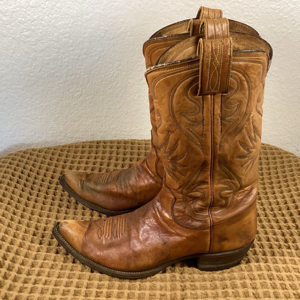 VTG Hyer Cowboy Boots Mens Sz 7.5 D Brown Tan Leather Cap Toe Western Pointed